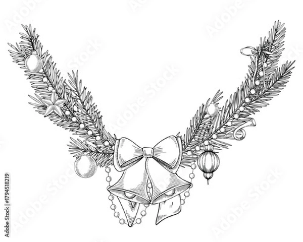 Obraz Vector illustration with spruce branches, bells, and ornaments forming a Christmas wreath. Linear drawing of Xmas template for festive borders and vintage greeting cards. Etching of outline frame.