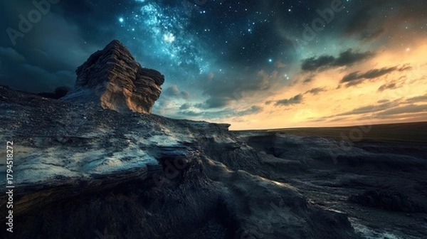 Fototapeta Stunning night sky over rocky landscape with vibrant colors and stars shining bright, a peaceful and beautiful natural scene.