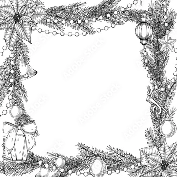 Obraz Vector illustration with spruce branches, ornaments, and poinsettia forming a Christmas frame. Linear Template for Xmas greeting cards or vintage New Year invitations. Outline background for party.