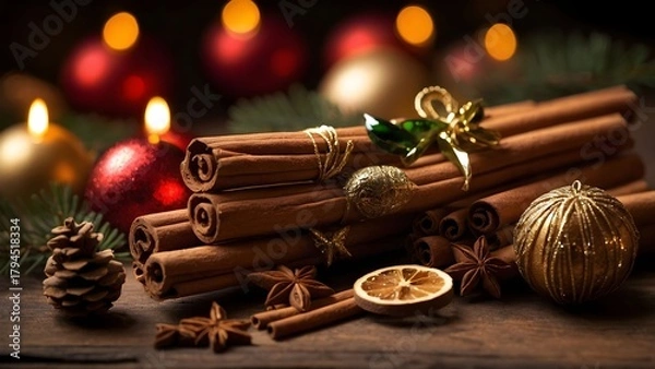 Obraz Warm and inviting holiday scene featuring cinnamon sticks, ornaments, and festive decorations amidst soft candlelight glow Generative AI