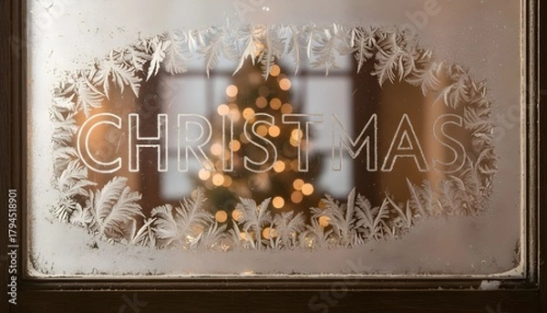 Fototapeta Christmas decorations create a warm atmosphere with a tree glowing in the background, seen through frost-covered glass at a cozy home setting during the holiday season Generative AI