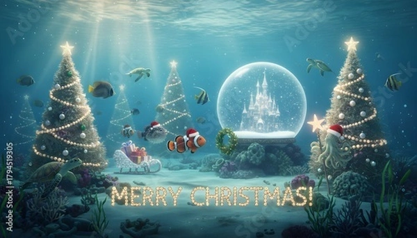 Obraz Underwater Christmas scene featuring decorated trees, a snow globe castle, and vibrant sea life celebrating the festive season in a magical aquatic setting Generative AI