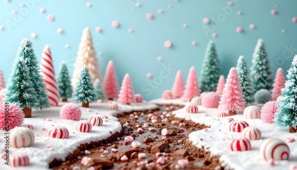 Fototapeta Holiday candy landscape with colorful trees, a chocolate river, and festive decorations creating a magical Christmas scene Generative AI