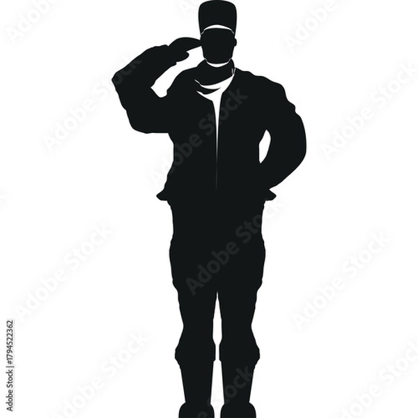 Obraz Silhouette of a Man in Military Uniform Saluting with a White Background and Transparent Background