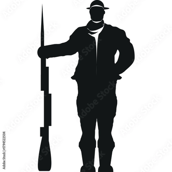 Obraz Silhouette of a soldier in historical uniform holding a musket on a transparent background