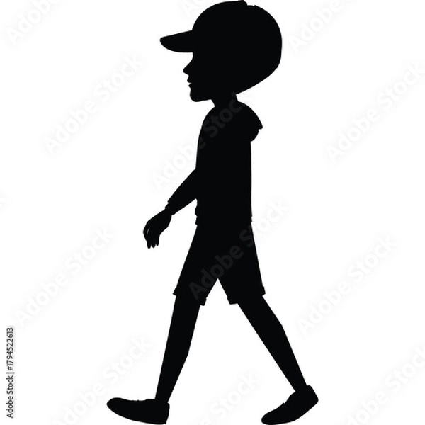 Obraz Silhouette Of A Young Boy Wearing A Baseball Cap And Shorts Walking Forward In Profile View Against A Transparent Background