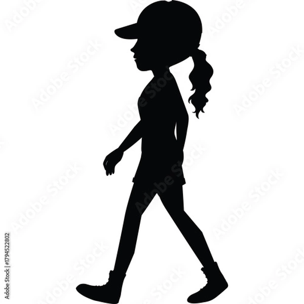 Obraz Silhouette of a young girl wearing a baseball cap and ponytail walking casually with a white background and transparent background