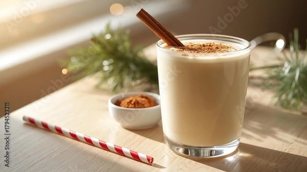 Fototapeta Classic Creamy Eggnog with Cinnamon Stick on Wooden Table 