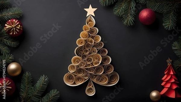 Fototapeta Creative paper Christmas tree with decorative elements and a star atop, arranged on a dark surface surrounded by ornaments Generative AI