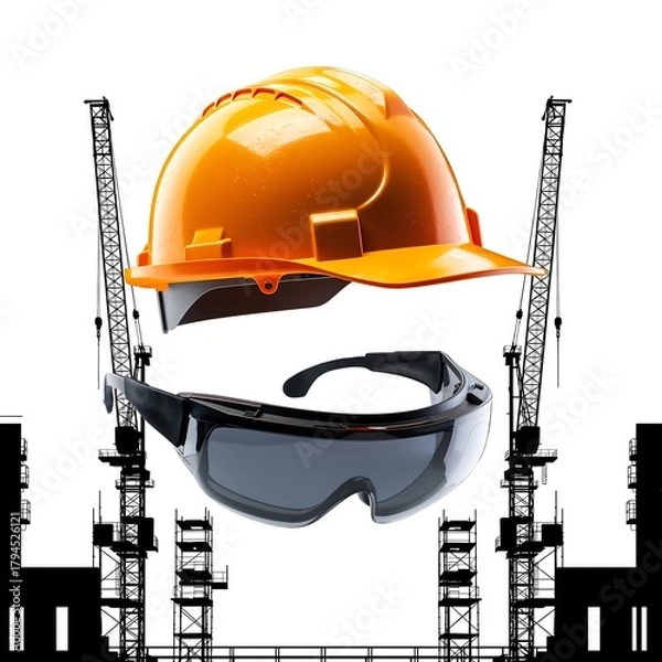Fototapeta Orange Hard Hats and black glasses on Abstract Construction