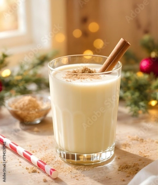 Fototapeta Festive Holiday Eggnog with Nutmeg and Christmas Lights 