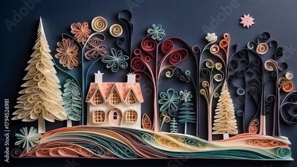Obraz Colorful paper quilling art featuring a cozy house surrounded by playful trees and flowers in a winter wonderland design for Christmas celebration Generative AI