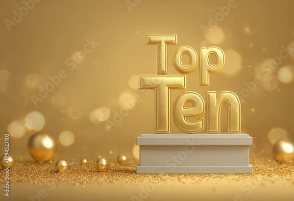 Fototapeta Golden "Ten" on Award Stand with Glittery Background, Ideal for Celebrating Tenth Anniversary Event