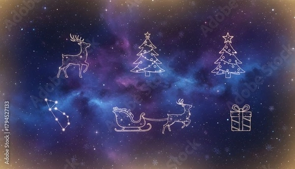 Obraz Magical winter scene featuring festive reindeer, Christmas trees, and sleigh against a starry background captures the spirit of the holiday season beautifully Generative AI