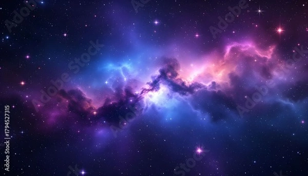 Fototapeta Vibrant cosmic scene showing colorful nebula with stars and interstellar clouds illuminated by different shades of blue, purple, and pink in deep space Generative AI