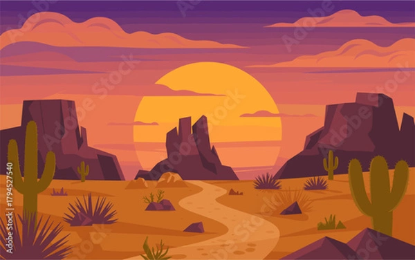 Fototapeta Stylized desert sunset vector illustration with orange sun, purple clouds, rocky formations, winding path, saguaro cacti, and warm 2D flat landscape with bold colors.
