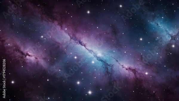 Fototapeta Vibrant cosmic scene showcasing a brilliant blend of colors in a vast universe filled with stars and ethereal clouds of gas and dust during the holiday season Generative AI