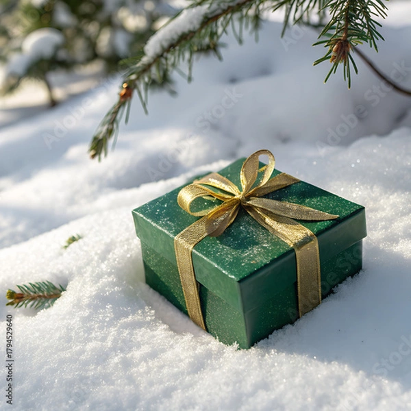 Fototapeta Green gift box on snow background. Christmas and New Year concept, Gift in green box with golden ribbonis thoughtfully placed in the soft, glistening snow on snowy spruce tree in winter fores. 