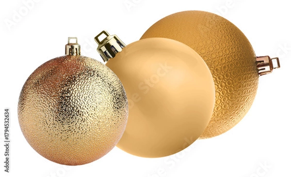 Fototapeta trio of festive gold christmas ornaments or baubles featuring different metallic textures, including matte, shiny, and distressed glitter finish isolated on black.