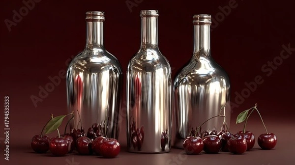 Obraz Sleek Silver Bottles with Fresh Cherries Arranged on a White Tabletop Surface