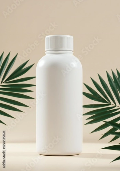 Obraz Minimalist wellness: White bottle juxtaposed with lush fronds against a neutral backdrop