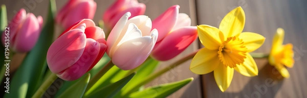 Fototapeta three vibrant spring flowers delicate cherry blossoms tulips daffodils intertwined lush soft focus bathed