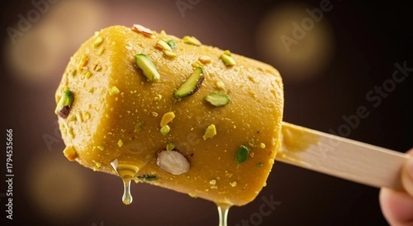 Fototapeta Delicious and golden kulfi with dripping syrup and pistachio flakes provides a refreshing indulgence