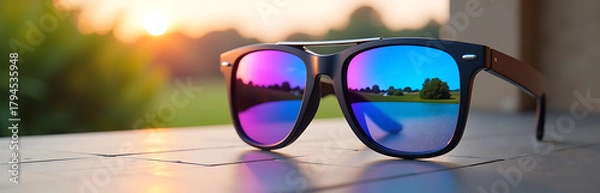 Fototapeta sleek sunglasses iridescent holographic lenses shifting deep violet cobalt blue set soft focus blurred