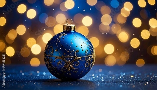 Fototapeta A festive blue ornament with golden accents sits against a backdrop of blurred lights, twinkling with glittery dust