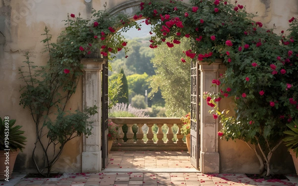 Obraz Romantic Mediterranean Stone Archway with Red Roses and Sunlit Balcony Garden Backdrop