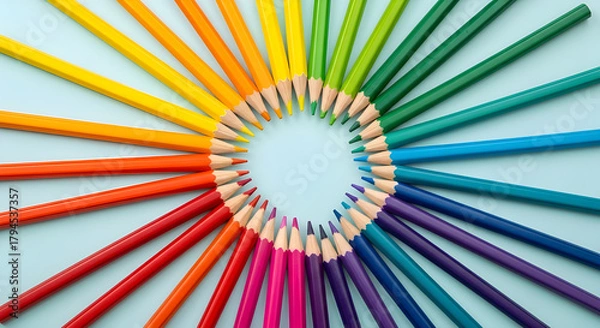 Fototapeta Colorful group of wooden color pencils arranged on a blue background suitable for art and school use