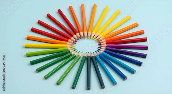 Fototapeta Colorful group of wooden color pencils arranged on a blue background suitable for art and school use
