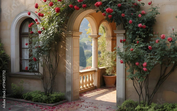 Obraz Romantic Mediterranean Stone Archway with Red Roses and Sunlit Garden Balcony Backdrop