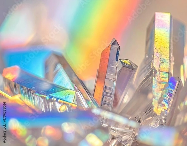 Fototapeta Translucent crystal cluster with rainbow light
