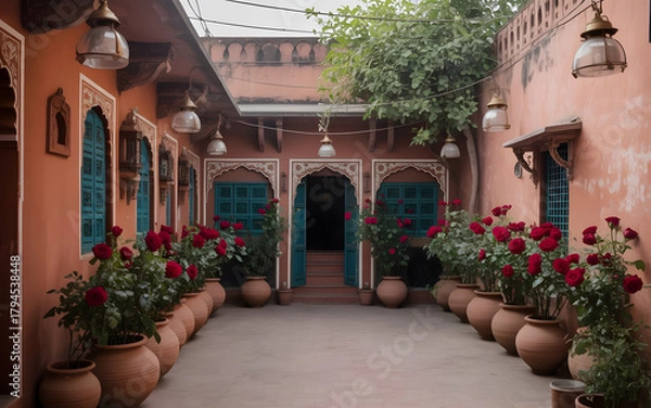 Obraz Rustic Indian Haveli Courtyard with Red Roses and Terracotta Decor Backdrop