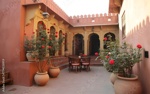 Obraz Rustic Indian Haveli Courtyard with Red Roses and Terracotta Decor Backdrop