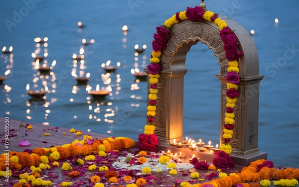 Obraz Sacred Ganges Riverside Archway with Roses, Marigolds, and Floating Diyas. Backdrop