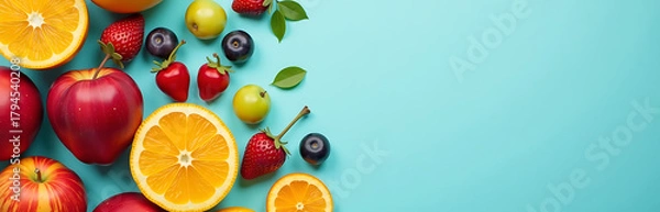 Fototapeta flat lay variety colorful forest fruits soft pastel blue background capturing warmth vibrancy summer