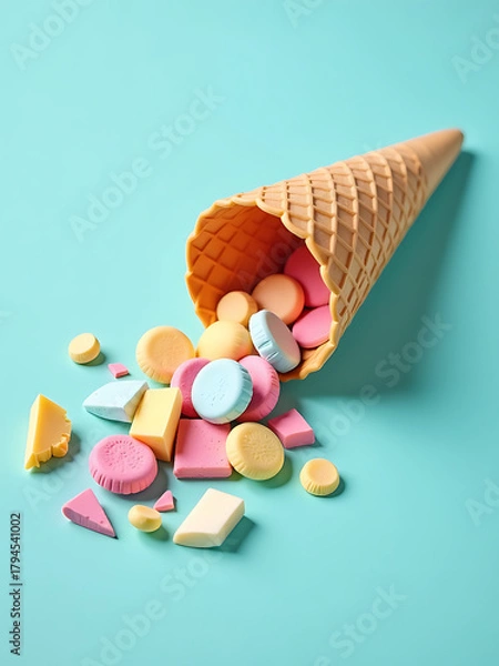 Obraz broken ice cream cone lies isolated soft pastel blue surface colorful fragments spilling