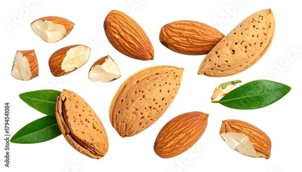 Obraz An overhead shot of almonds, whole and broken, scattered with green leaves across a white background