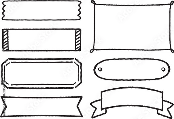 Obraz 黒の線画の手描き風ラベル枠・見出し枠セット（背景色なし線画のみ）