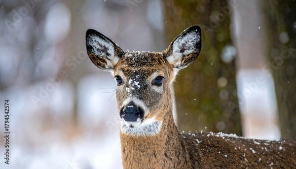 Fototapeta Close-up of a deer's face in a snowy, blurred winter background. Gentle snowfall visible
