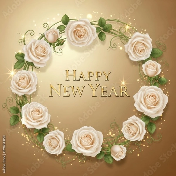 Fototapeta Happy New Year Greeting Card with Golden Text and White Rose Wreath on Sparkling Brown Background