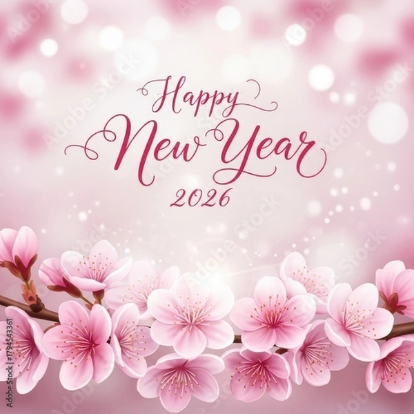 Fototapeta Happy New Year 2026 Greeting Card with Pink Cherry Blossoms on Bokeh Background