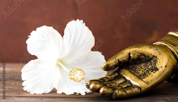 Obraz Buddha hand rests near a white hibiscus flower on aged wood, against a mottled brown background