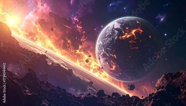 Fototapeta Dramatic space scene with a planet, rings, asteroids, and nebula against a rocky landscape