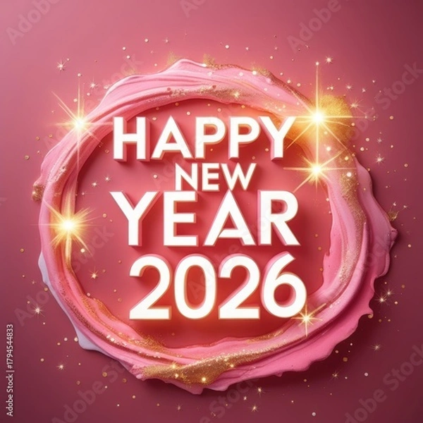 Fototapeta Happy New Year 2026 Greeting Card with Rose Pink and Fuchsia Glitter Starburst Design