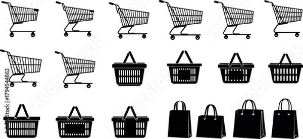 Fototapeta Collection of hand drawn sketch style shopping carts baskets and bags for retail and commerce