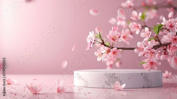 Obraz Soft pink background with marble podium and falling sakura petals.