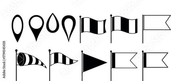 Obraz Collection of nautical flags and map markers icons in black and white simple line art style
